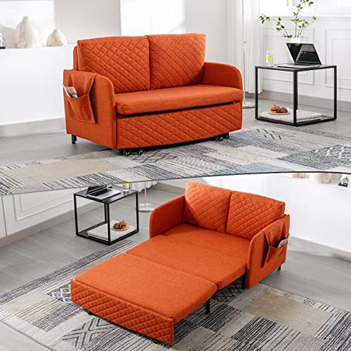 Lin-Utrend 46" Convertible Sleeper Sofa Bed, Modern Loveseat Couch with Pull Out Bed, Small Love Seat Futon Sofa Bed with Headboard, 2 Pillows Side Pockets for Living Room Apartment (Orange)