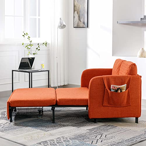 Lin-Utrend 46" Convertible Sleeper Sofa Bed, Modern Loveseat Couch with Pull Out Bed, Small Love Seat Futon Sofa Bed with Headboard, 2 Pillows Side Pockets for Living Room Apartment (Orange)