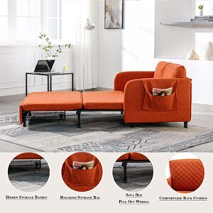 Lin-Utrend 46" Convertible Sleeper Sofa Bed, Modern Loveseat Couch with Pull Out Bed, Small Love Seat Futon Sofa Bed with Headboard, 2 Pillows Side Pockets for Living Room Apartment (Orange)