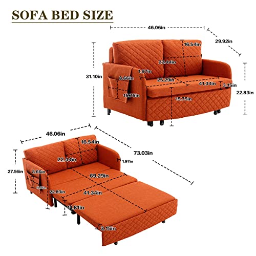 Lin-Utrend 46" Convertible Sleeper Sofa Bed, Modern Loveseat Couch with Pull Out Bed, Small Love Seat Futon Sofa Bed with Headboard, 2 Pillows Side Pockets for Living Room Apartment (Orange)