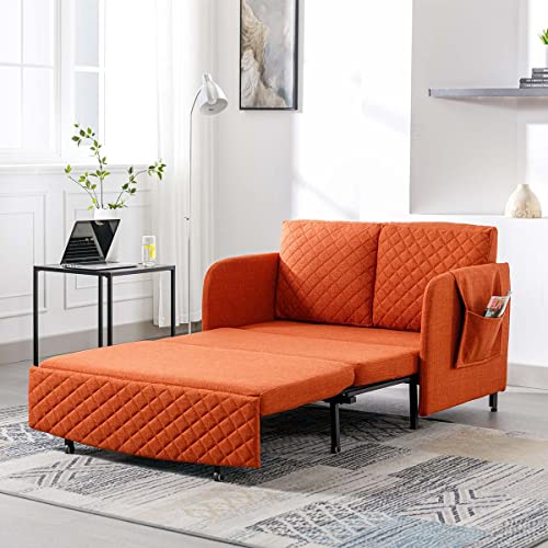 Lin-Utrend 46" Convertible Sleeper Sofa Bed, Modern Loveseat Couch with Pull Out Bed, Small Love Seat Futon Sofa Bed with Headboard, 2 Pillows Side Pockets for Living Room Apartment (Orange)