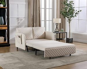 kinffict pull out futon sofa bed, convertible small loveseat sleeper with storage drawer, 3 in 1 futon couch with removable pocket and 2 pillows, modern love seat for living room, guest room, beige