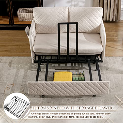 KINFFICT Pull Out Futon Sofa Bed, Convertible Small Loveseat Sleeper with Storage Drawer, 3 in 1 Futon Couch with Removable Pocket and 2 Pillows, Modern Love Seat for Living Room, Guest Room, Beige