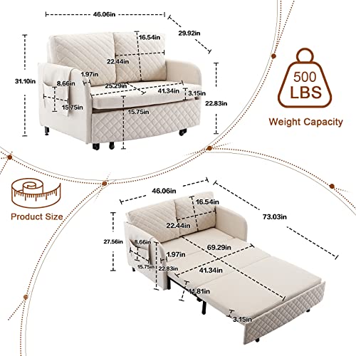 KINFFICT Pull Out Futon Sofa Bed, Convertible Small Loveseat Sleeper with Storage Drawer, 3 in 1 Futon Couch with Removable Pocket and 2 Pillows, Modern Love Seat for Living Room, Guest Room, Beige