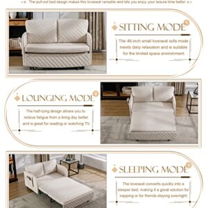 KINFFICT Pull Out Futon Sofa Bed, Convertible Small Loveseat Sleeper with Storage Drawer, 3 in 1 Futon Couch with Removable Pocket and 2 Pillows, Modern Love Seat for Living Room, Guest Room, Beige