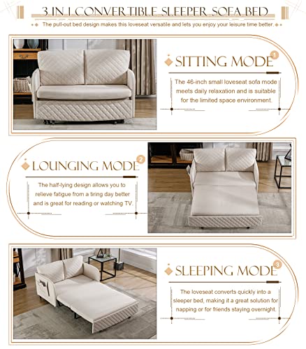 KINFFICT Pull Out Futon Sofa Bed, Convertible Small Loveseat Sleeper with Storage Drawer, 3 in 1 Futon Couch with Removable Pocket and 2 Pillows, Modern Love Seat for Living Room, Guest Room, Beige