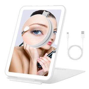 lukymiro rechargeable travel makeup mirror with lights, portable lighted vanity mirror with 10x magnification, 70 leds 3 color lights, dimmable touch screen, tabletop folding compact cosmetic mirror