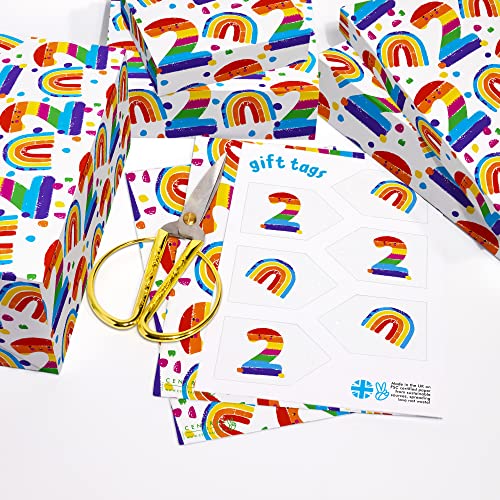 CENTRAL 23 Rainbow Wrapping Paper - 6 Sheets of White Gift Wrap - 2nd Birthday Gifts for Boys and Girls - Age 2 Two - Comes with Fun Stickers