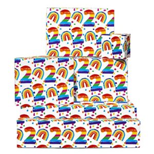 CENTRAL 23 Rainbow Wrapping Paper - 6 Sheets of White Gift Wrap - 2nd Birthday Gifts for Boys and Girls - Age 2 Two - Comes with Fun Stickers