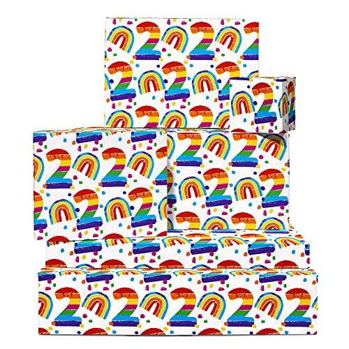 CENTRAL 23 Rainbow Wrapping Paper - 6 Sheets of White Gift Wrap - 2nd Birthday Gifts for Boys and Girls - Age 2 Two - Comes with Fun Stickers