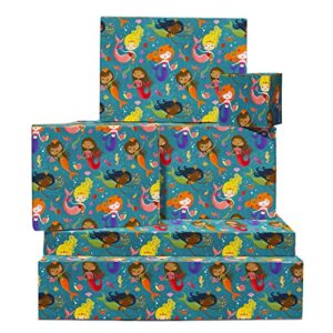 central 23 girls wrapping paper birthday - mermaid - 6 sheets of gift wrap & tags - for kids - underwater creatures - comes with fun stickers - recyclable