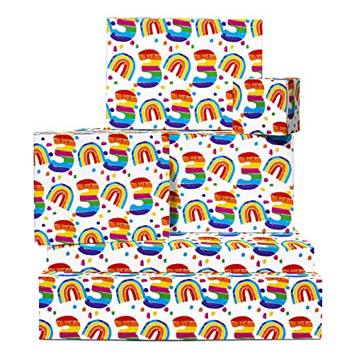 CENTRAL 23 Kids Wrapping Paper - 3rd Birthday - 6 Sheets of Eco Gift Wrap & Tags - Rainbow - Age 3 Three - For Boys and Girls - Recyclable