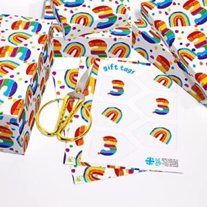 CENTRAL 23 Kids Wrapping Paper - 3rd Birthday - 6 Sheets of Eco Gift Wrap & Tags - Rainbow - Age 3 Three - For Boys and Girls - Recyclable