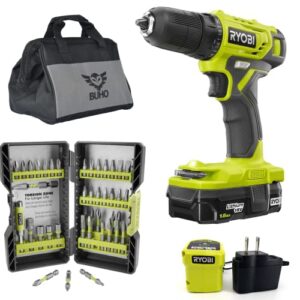 cordless drill set bundle with ryobi 18v one+ drill driver, 3/8 inch chuck, 40 piece drill bit set, 1.5 ah 18-volt lithium-ion battery, 18-volt charger and buho 16 inch tool bag