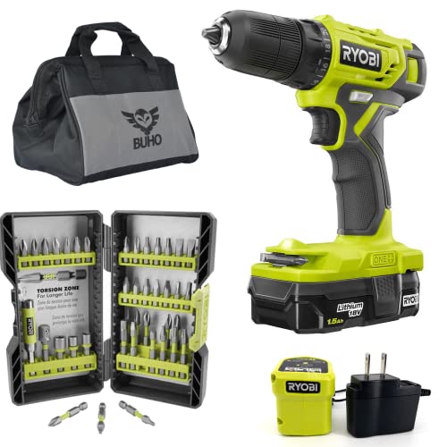 Cordless Drill Set Bundle with Ryobi 18V ONE+ Drill Driver, 3/8 Inch Chuck, 40 Piece Drill Bit Set, 1.5 Ah 18-Volt Lithium-ion Battery, 18-Volt Charger and Buho 16 Inch Tool Bag