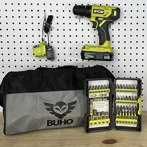 Cordless Drill Set Bundle with Ryobi 18V ONE+ Drill Driver, 3/8 Inch Chuck, 40 Piece Drill Bit Set, 1.5 Ah 18-Volt Lithium-ion Battery, 18-Volt Charger and Buho 16 Inch Tool Bag