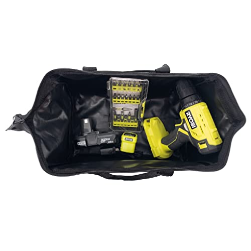 Cordless Drill Set Bundle with Ryobi 18V ONE+ Drill Driver, 3/8 Inch Chuck, 40 Piece Drill Bit Set, 1.5 Ah 18-Volt Lithium-ion Battery, 18-Volt Charger and Buho 16 Inch Tool Bag