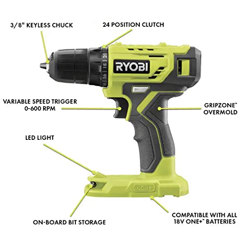 Cordless Drill Set Bundle with Ryobi 18V ONE+ Drill Driver, 3/8 Inch Chuck, 40 Piece Drill Bit Set, 1.5 Ah 18-Volt Lithium-ion Battery, 18-Volt Charger and Buho 16 Inch Tool Bag