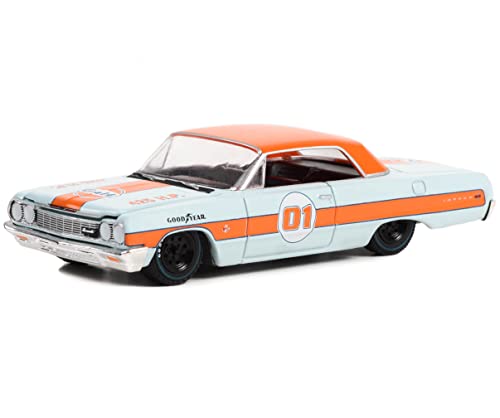 1964 Chevy Impala SS #01 Light Blue with Orange Top and Stripes Gulf Oil Running on Empty Series 15 1/64 Diecast Model Car by Greenlight 41150 A