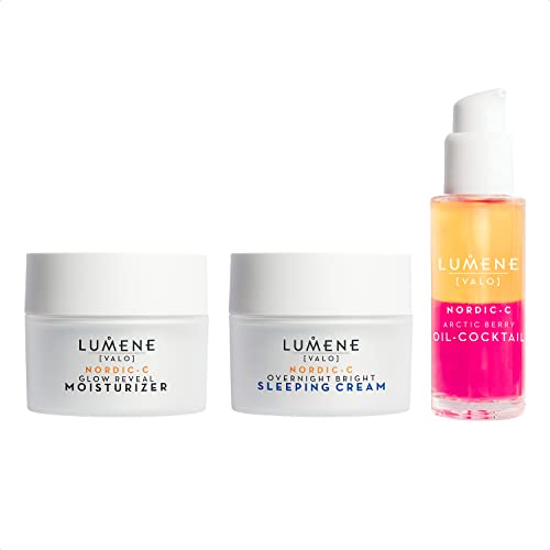 Lumene Brightening Facial Bundle - Overnight Bright Sleeping Cream, Reveal Facial Moisturizer & Arctic Berry Oil Cocktail - Hydrating Skincare Kit Replenishes & Revives Dull, Dry Skin (3-Piece Set)