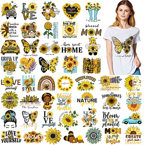 48 Pcs Iron on Decals for Clothing Heat Transfer Stickers Iron on Decals Washable Iron on Patches for T Shirt Bag Hat Pillow DIY Craft Decorations (Sunflower Style)