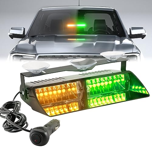 PKINGLAKE Windshield LED Dash Emergency Strobe Light 16 LEDs Interior Visor Deck Hazard Flashing Safety Warning Lights Bar for Police Firefighter Law Enforcement Trucks Vehicles (Amber/Green, 12-24V)