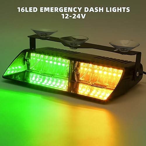 PKINGLAKE Windshield LED Dash Emergency Strobe Light 16 LEDs Interior Visor Deck Hazard Flashing Safety Warning Lights Bar for Police Firefighter Law Enforcement Trucks Vehicles (Amber/Green, 12-24V)