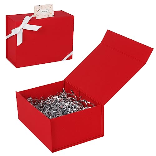 Gift Box with Magnetic Closure Lids for Presents, 8.7x6.7x4 Inch Luxury Collapsible Red Gift Boxes with Ribbon Card for Birthday Party Bridesmaid Valentine Christmas, FSC & BRC Certified Material