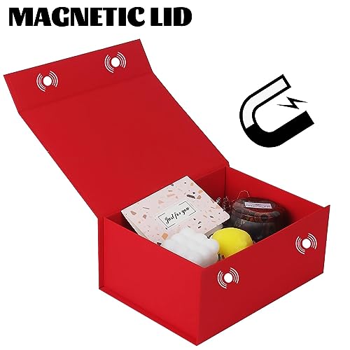 Gift Box with Magnetic Closure Lids for Presents, 8.7x6.7x4 Inch Luxury Collapsible Red Gift Boxes with Ribbon Card for Birthday Party Bridesmaid Valentine Christmas, FSC & BRC Certified Material