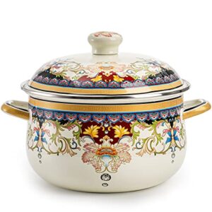 zenfun kitchen enamel stockpot with lid, 3.5 quart retro flower stew bean cooking pot, vintage thicken soup pot with handles, nonstick, safe for induction cookers, gas stove