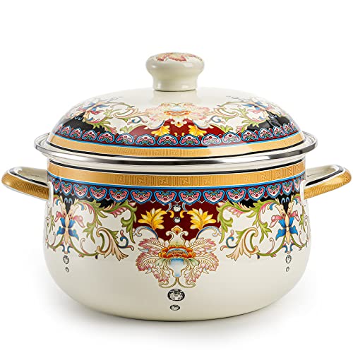 ZENFUN Kitchen Enamel Stockpot with Lid, 3.5 Quart Retro Flower Stew Bean Cooking Pot, Vintage Thicken Soup Pot with Handles, Nonstick, Safe for Induction Cookers, Gas Stove