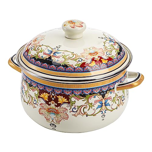 ZENFUN Kitchen Enamel Stockpot with Lid, 3.5 Quart Retro Flower Stew Bean Cooking Pot, Vintage Thicken Soup Pot with Handles, Nonstick, Safe for Induction Cookers, Gas Stove