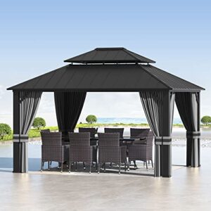 gotland 12' x 14' hardtop gazebo,outdoor galvanized steel metal double roof gazebo with curtains and netting for patios, gardens, lawns,sand