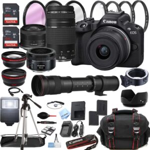 canon eos r50 mirrorless digital camera with rf-s 18-45mm is stm lens + 75-300mm lens + 50mm stm lens + 420-800mm super telephoto lens + 128gb memory + case + tripod + filters (45pc bundle)