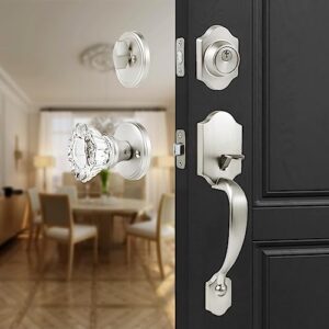 newliplace Front Door Handle with Single Cylinder Deadbolt and Crystal Glass Knob, Adjustable Front Door Lock Set Brushed Nickel Entrance Handleset with Lock