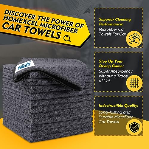 HOMEXCEL Microfiber Cleaning Cloths 12 Pack, Premium 16 x 16 inch Microfiber Towel for Cars, Ultra Absorbent Car Washing Cloth, Lint Free Streak Free Wash Cloths for Car, Kitchen, and Window, Grey