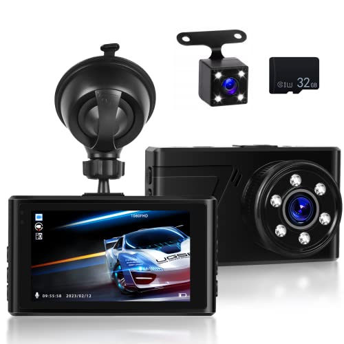 Hikity Dash Cam Front and Rear, 1080P Full HD Dashcam for Cars 3 Inch IPS Screen 170° Wide Angle Dashboard Camera, Super Night Vision, G-Sensor, Loop Recording, 24 Hours Parking Monitor