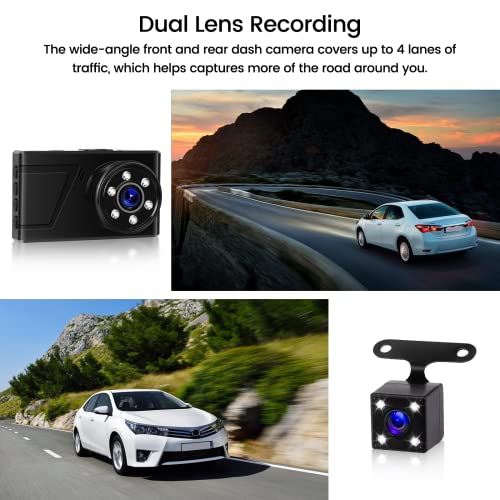 Hikity Dash Cam Front and Rear, 1080P Full HD Dashcam for Cars 3 Inch IPS Screen 170° Wide Angle Dashboard Camera, Super Night Vision, G-Sensor, Loop Recording, 24 Hours Parking Monitor