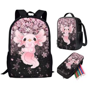 xhuibop axolotl cherry blossom bookbag and lunch box set for toddler girls pencil case aesthetic school supplies for teen girls middle school backpack black book bags for kids