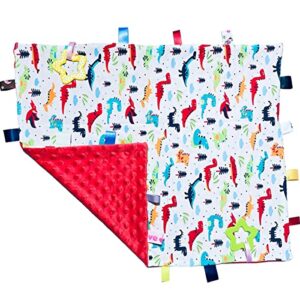 big tags blanket for babies, soft red dinosaur toddler taggy blanket, cute baby security blanket with tags, 55x45cm/21.7x17.7inches