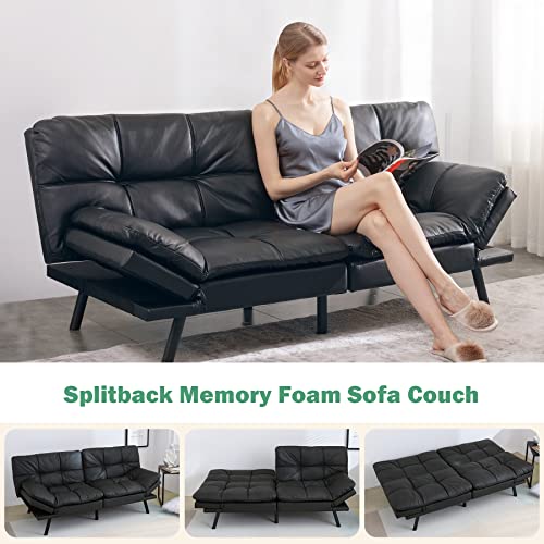 Opoiar Futon Sofa Bed,Lounge Memory Foam Sleeper Couch for Living Room,Convertible Modern Loveseat for Compact Living Spaces,71" W,Leather/Black