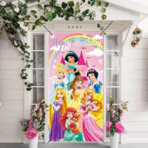 princess girls birthday 36x72inch door cover banner cartoon princess pink rainbow castle party porch sign decor kids1st 2nd happy birthday indoor outdoor decoration supplies