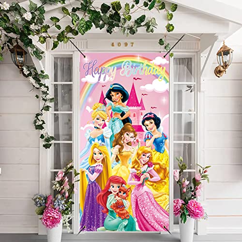 Princess Girls Birthday 36x72inch Door Cover Banner Cartoon Princess Pink Rainbow Castle Party Porch Sign Decor Kids1st 2nd Happy Birthday Indoor Outdoor Decoration Supplies