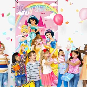 Princess Girls Birthday 36x72inch Door Cover Banner Cartoon Princess Pink Rainbow Castle Party Porch Sign Decor Kids1st 2nd Happy Birthday Indoor Outdoor Decoration Supplies