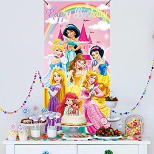 Princess Girls Birthday 36x72inch Door Cover Banner Cartoon Princess Pink Rainbow Castle Party Porch Sign Decor Kids1st 2nd Happy Birthday Indoor Outdoor Decoration Supplies