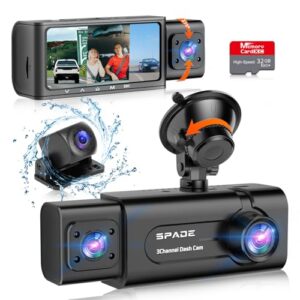 spade 3 channel dash cam front and rear inside, 1080p full hd dash camera for cars, free 32gb sd card, 170° wide angle, 3.16”ips screen, night vision, wdr, 24h parking mode