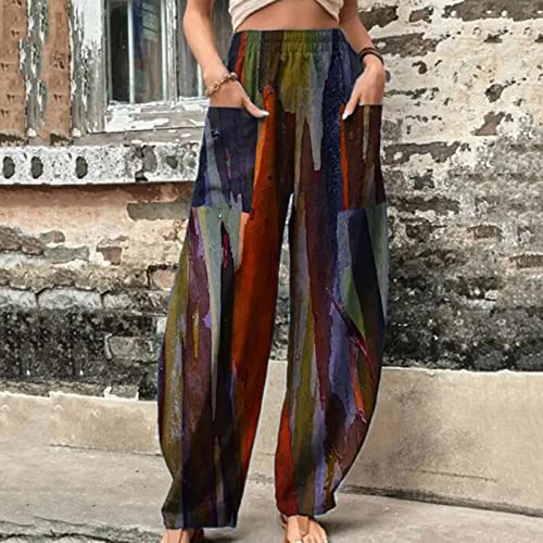 SMIDOW Wide Leg Pants for Women Dressy Casual 2023 Elastic High Waisted Loose Comfy Linen Lounge Pant Graphic Trouser