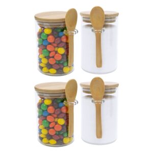 set of 4 airtight glass jars with bamboo lids & bamboo spoons - decorative & durable 17-oz borosilicate glass canisters hold coffee beans, tea, flour, sugar, nuts, candy, bath salts & more