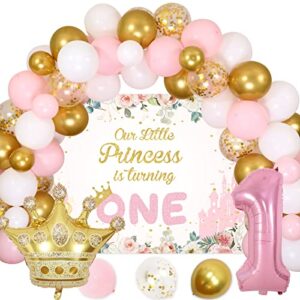 little princess 1st birthday decorations for girls, pink white and gold balloon arch kit, pink 1 balloon for first birthday, gold crown foil balloon, our little princess is turning one backdrop