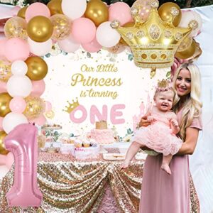 Little Princess 1st Birthday Decorations for Girls, Pink White and Gold Balloon Arch Kit, Pink 1 Balloon for First Birthday, Gold Crown Foil Balloon, Our Little Princess Is Turning One Backdrop